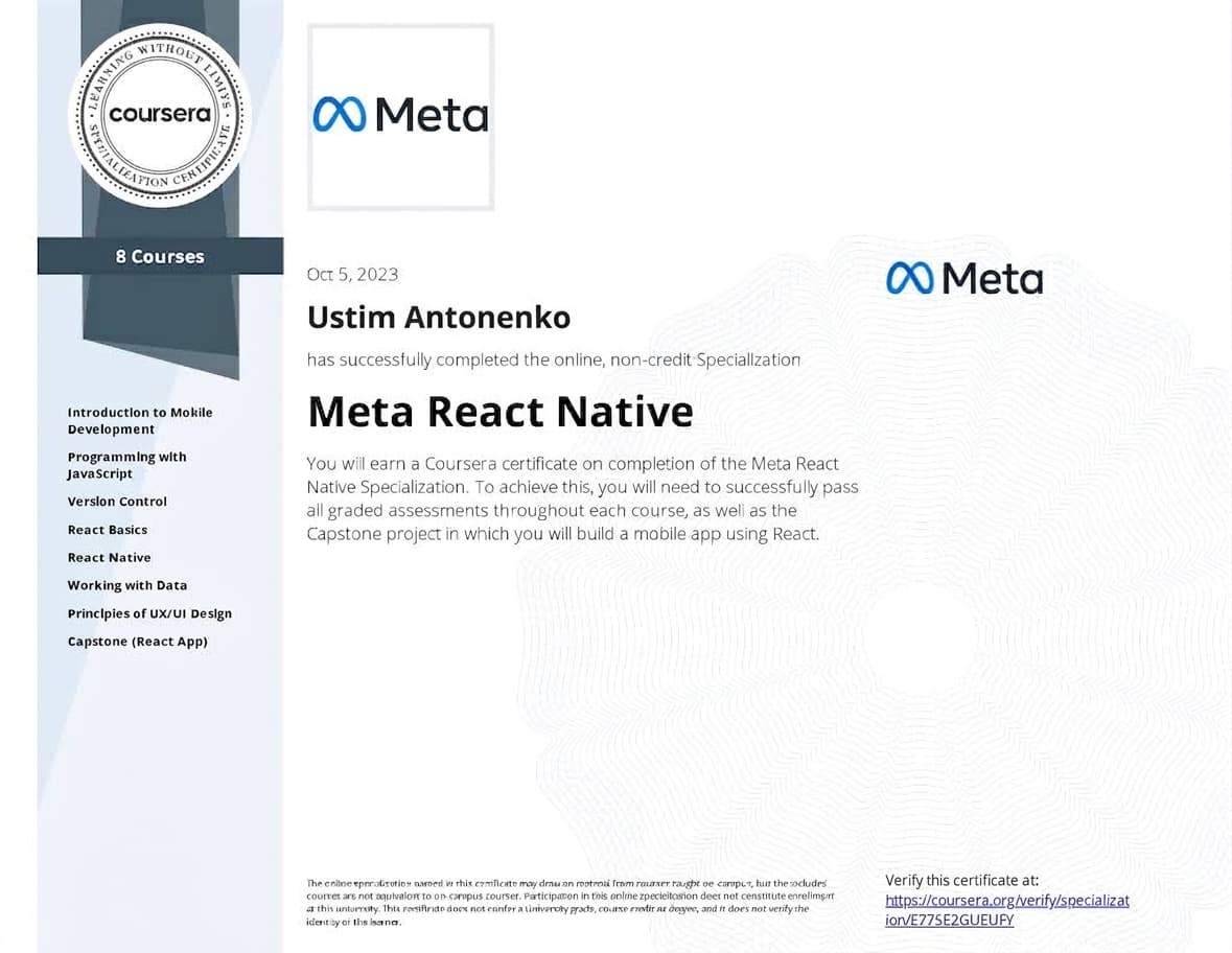 Meta React Native Specialization, 2023